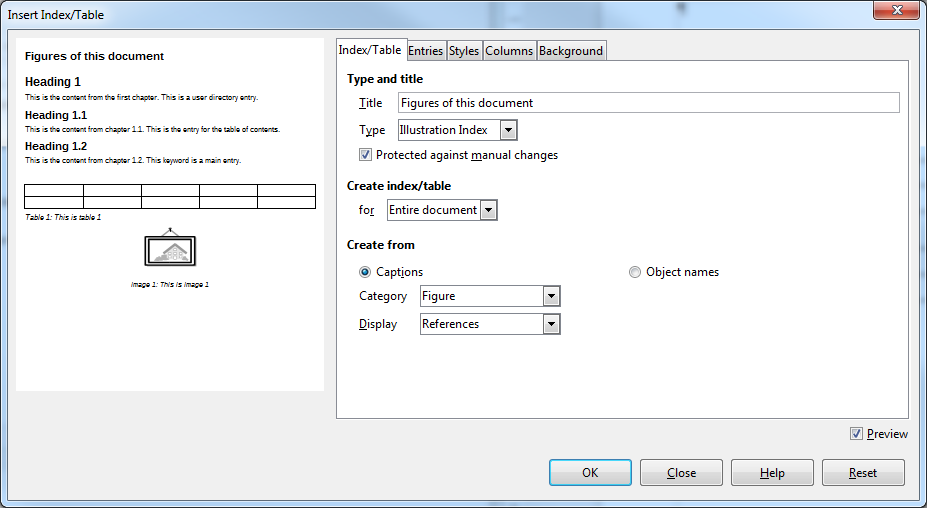 Dialog box for figures index creation