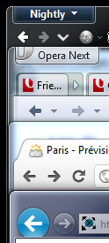 Back and forward buttons of Firefox, Opera, SRWare Iron (Chrome), and Internet Explorer but this time with the drop-down menu arrow restored in Fx and Opera