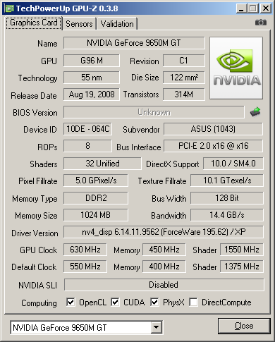 An overclocked GeForce 9650M GT in GPU-Z