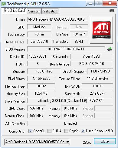 An overclocked AMD/ATI Mobility Radeon HD 5650 in GPU-Z