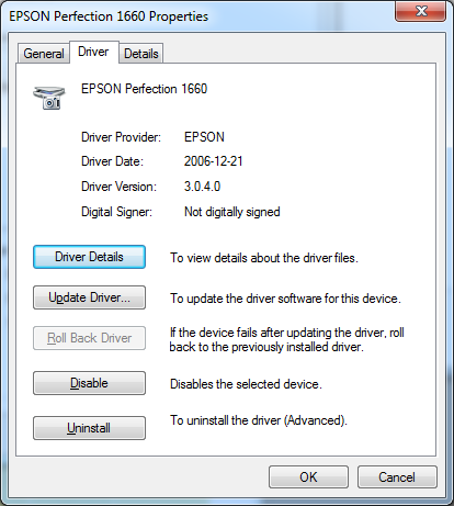 Screenshot of Epson Perfection 1660 PHOTO driver tab