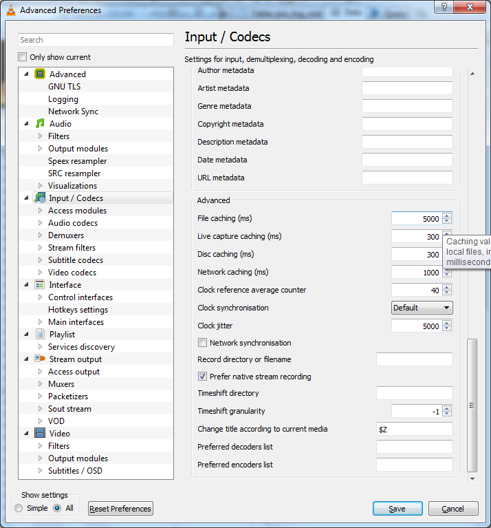VLC settings for file caching