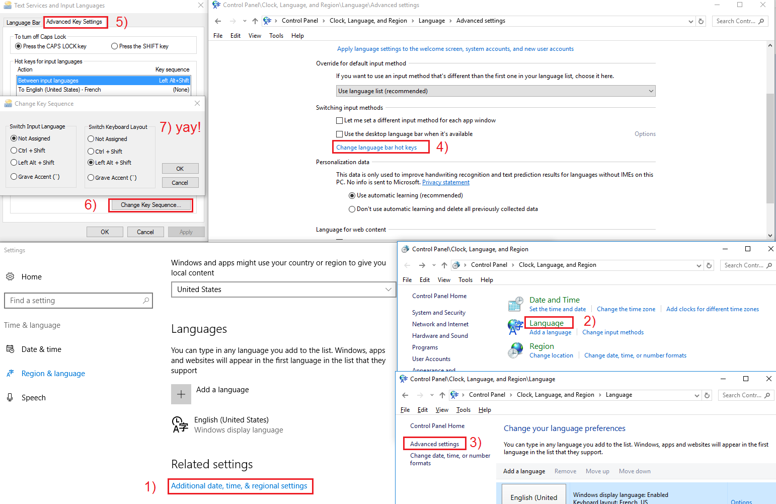 Configuring the keyboard switching shortcut in Windows 10