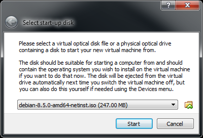 First-time launch of a VirtualBox VM - Select start-up disk